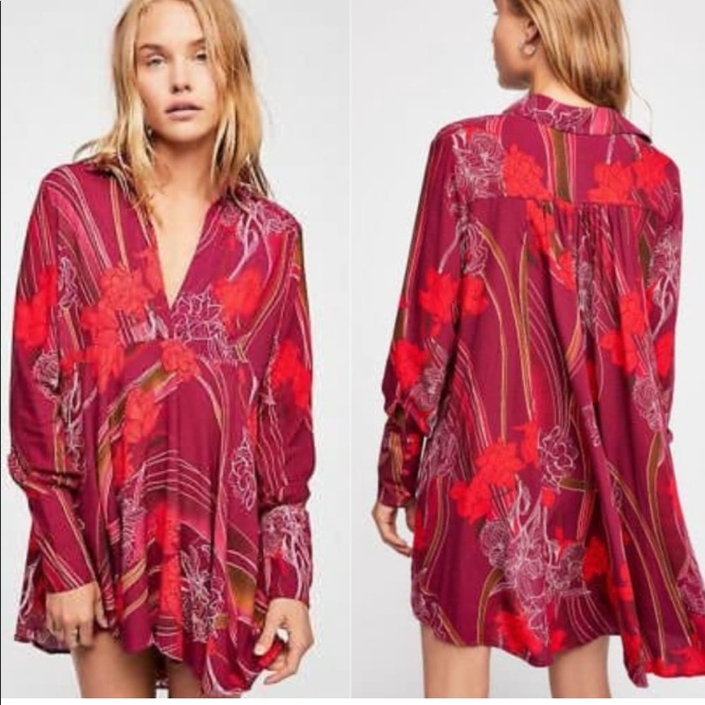 ISO Free People Field of Flowers Purple Red Tunic Top L or XL